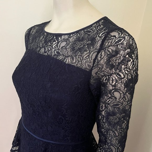 ADRIANNA PAPELL Silk Formal Dress Lace Peplum Waist Blue 3/4 sleeve Size 8 - Picture 5 of 13